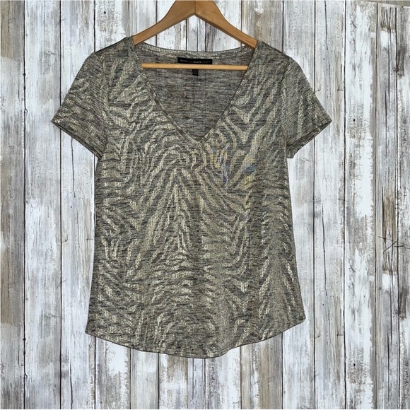 White House Black Market Metallic Sheer Zebra Print V-Neck Tee - Picture 1 of 5